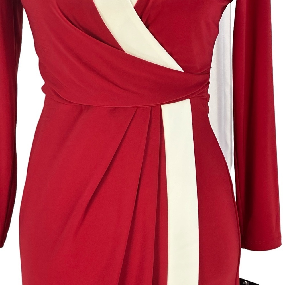 Kasper Long Sleeve V-Neck Faux Wrap Midi Dress - Red Cream - Picture 2 of 13